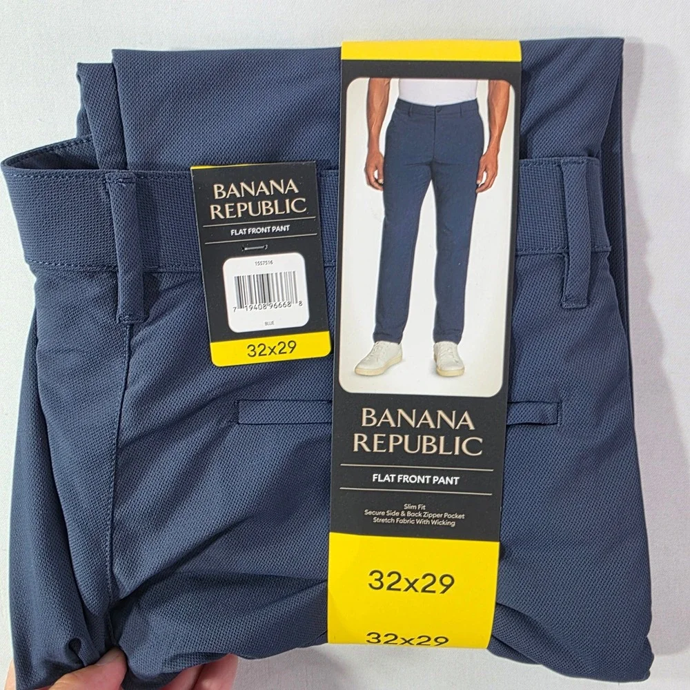 Banana Republic Mens Slim Fit Flat Front Pants Blue Stretch Wicking (Tag 32x29)